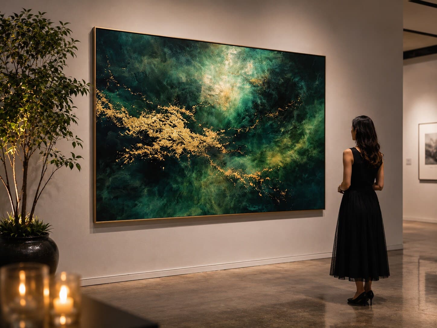 Visiteuse contemplant une œuvre contemporaine dans l'espace de la galerie